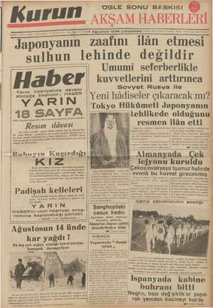 Kurun Gazetesi 17 Ağustos 1938 kapağı