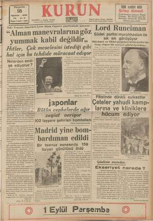 Kurun Gazetesi 18 Ağustos 1938 kapağı