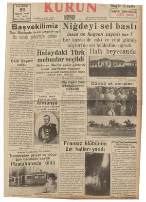 Kurun Gazetesi 22 Ağustos 1938 kapağı