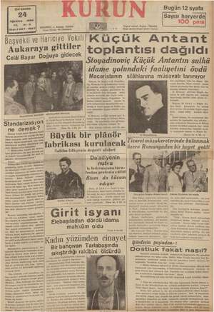 Kurun Gazetesi 24 Ağustos 1938 kapağı