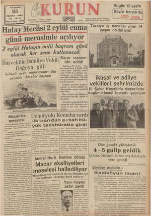 Kurun Gazetesi 25 Ağustos 1938 kapağı