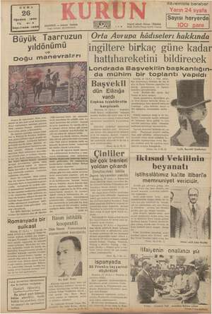 Kurun Gazetesi 26 Ağustos 1938 kapağı