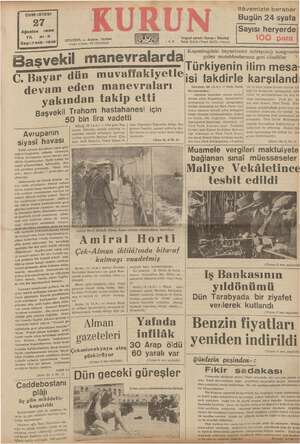 Kurun Gazetesi 27 Ağustos 1938 kapağı