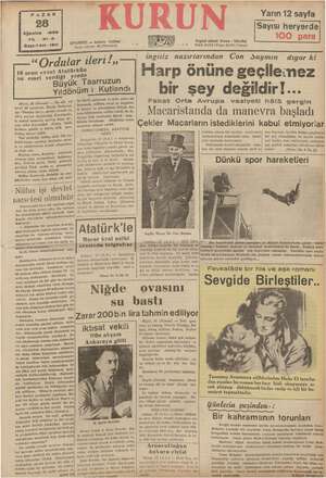 Kurun Gazetesi 28 Ağustos 1938 kapağı
