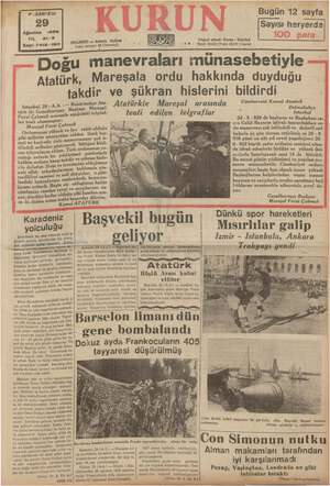Kurun Gazetesi 29 Ağustos 1938 kapağı