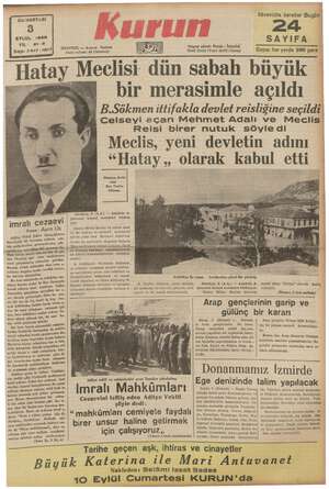 Kurun Gazetesi 3 Eylül 1938 kapağı