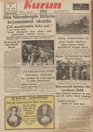 Kurun Gazetesi 7 Eylül 1938 kapağı