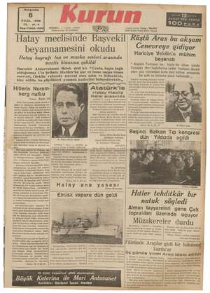 Kurun Gazetesi 8 Eylül 1938 kapağı