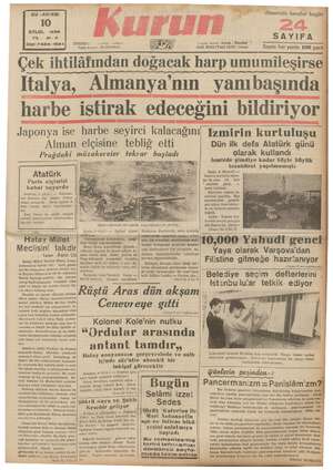 Kurun Gazetesi 10 Eylül 1938 kapağı