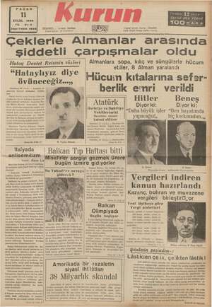 Kurun Gazetesi 11 Eylül 1938 kapağı