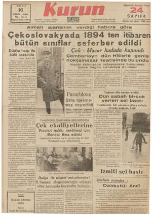 Kurun Gazetesi 16 Eylül 1938 kapağı