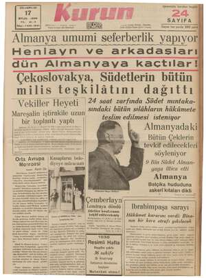 Kurun Gazetesi 17 Eylül 1938 kapağı