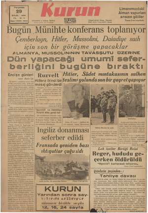 Kurun Gazetesi 29 Eylül 1938 kapağı