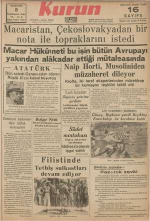 Kurun Gazetesi 3 Ekim 1938 kapağı