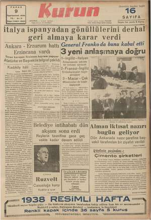 Kurun Gazetesi 9 Ekim 1938 kapağı
