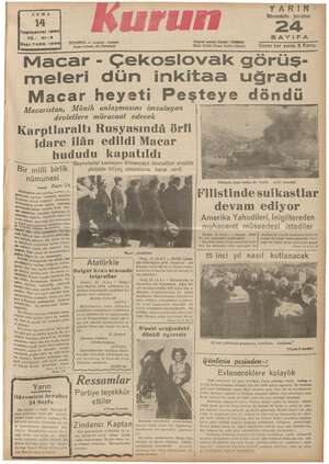 Kurun Gazetesi 14 Ekim 1938 kapağı