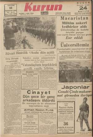 Kurun Gazetesi 15 Ekim 1938 kapağı
