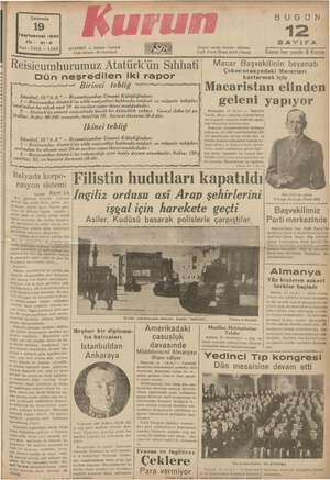 Kurun Gazetesi 19 Ekim 1938 kapağı