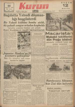 Kurun Gazetesi 25 Ekim 1938 kapağı