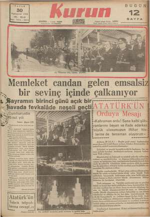 Kurun Gazetesi 30 Ekim 1938 kapağı