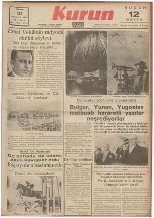Kurun Gazetesi 31 Ekim 1938 kapağı