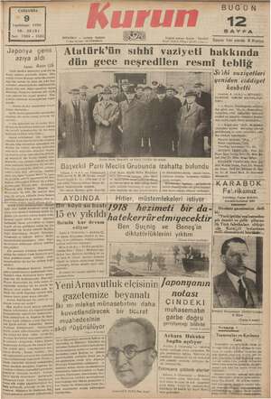 Kurun Gazetesi 9 Kasım 1938 kapağı