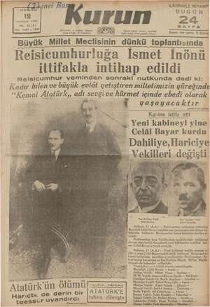 Kurun Gazetesi 12 Kasım 1938 kapağı