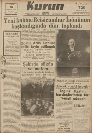 Kurun Gazetesi 13 Kasım 1938 kapağı