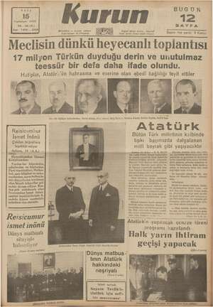 Kurun Gazetesi 15 Kasım 1938 kapağı