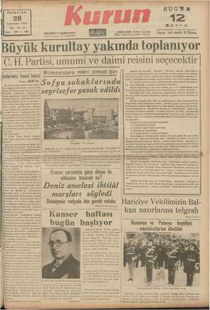 Kurun Gazetesi 28 Kasım 1938 kapağı