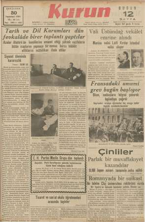 Kurun Gazetesi 30 Kasım 1938 kapağı