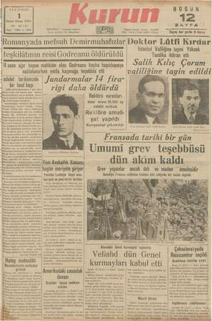 Kurun Gazetesi 1 Aralık 1938 kapağı