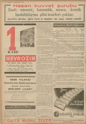    “e Pp ” AE MAŞA 12 — KURUN 21 BIRİNCİKANUN 1938 “ ür Hasan kuvvet şurubu “7 Zaafı umumi, kansızlık, sıraca, kemik...