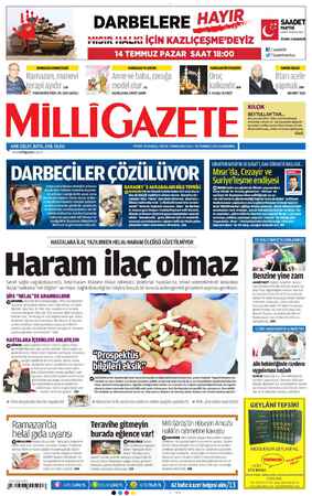 Milli Gazete Gazetesi 10 Temmuz 2013 kapağı