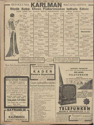  MİLLİYET PPRŞEMBE 5 ŞUBAT 1931 p— BEYOĞLUNDA KARLMAN vwadazararınnı Büyük Satış: Ehven Fiatlarımızdan istifade Ediniz Şayanı