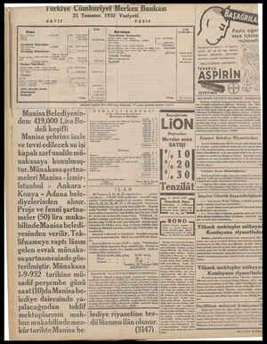  Türkiye Cümhuriyet Merkez Bankası 21 Temmuz 1932 Vaziyeti AKTİF Alen safi kilog Lira Banknot Ufaklık 11431006 120,06 $, 26