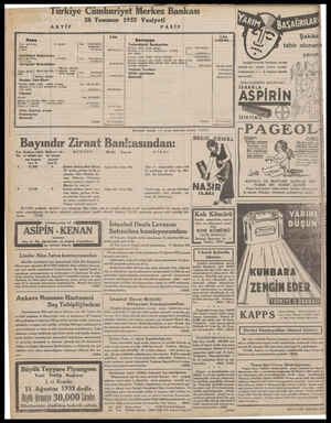  Türkiye Cümhuriyet Merkez Bankası 28 Temmuz 1932 Vaziyeti AKTİF Alsın safi kilog Banknot Ufaklık 11.150537 bez Dahildeki...