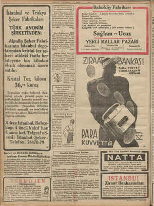    8 MİLLİYET ÇARŞAMBA ın MART 1933 İstanbul ve Trakya Şeker Fabrikaları TÜRK ANONİM ŞİRKETİNDEN: Alpullu Şeker Fabri- i...