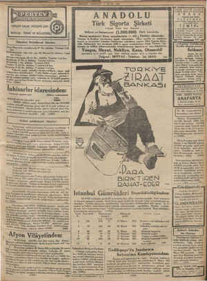    LİYET PERŞEMBE 4 MAYIS 1933 ANADOLU Türk Sigorta Şirketi 4 Üncü Vakıf Han İstanbul Ihtiyat ve Sermayesi: (1.000.000 Türk
