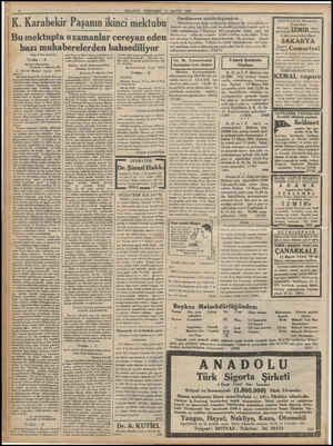  MİLLİYET PERŞEMBE li MAYİS 1933 . Karabekir Paşanın ikinci mektubu Bu mektupta ozamanlar cereyan eden bazı muhaberelerden...