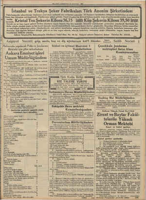    MİLLİYET CUMARTESİ 26. AGUSTOS 1933 İtülibel ve Trakya Şe Şeker Fabrikaları Türk Anonim Şirketinden: Fabrikamızda...