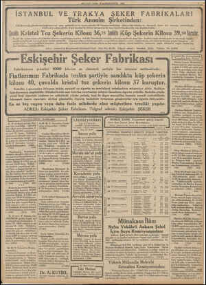  CUMA 29 KANUNUEVVEL 1933 İSTANBUL VE TRAKYA ŞEKER FABRİKALARI | Türk Anonim Şirketinden: Fabrika ınızda çıkarılmağa başlanan