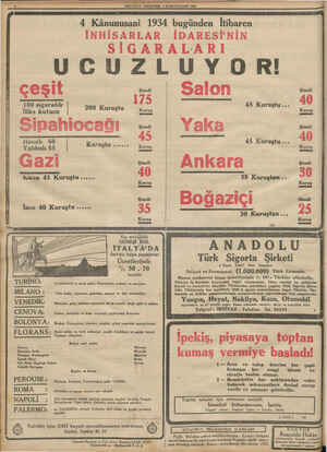    4 İitimani 1934 bugünden İtibaren İNHİSARLAR İDARESİ'NİN SİGARALARI UCUZLUYOR! çeşit g | Salon 5 100 sigaralık lüks kutusu