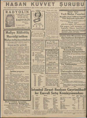 5 MİLLİYET ÇARŞAMBA: 10 TEŞRİNİEVVEL HASAN KUVVET ŞURUBU 1934 Zaafı umumi, kansızlık ve kemik hastalıklarına şifai tesirleri