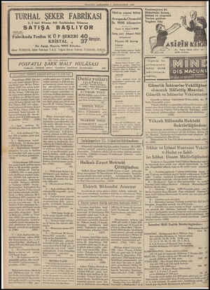  FİATLAR : Fabrikada Teslim K Ü P ŞEKERİ 40 KRİSTAL ,, MILLIYET ÇARŞAMBA 2 IKINCİKANUN 1935 TURHAL ŞEKER FABRİKASI 1. 2 inci