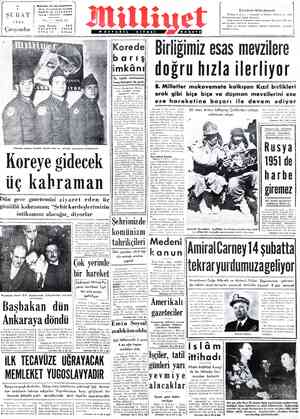  - 4 ŞUBAT | 1951 | Çarşamba Başyasarı: AN Naoi KARACAN Adres; Nuruosmemiye Türbeder Sekak No:18-İSTANBUL Telgrat : MİLLİYET -