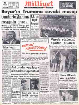  10 | Ekim 1951 arşamba Yi Adres; Nuruosmamye T; Sokak No: 18 .İSTANBUL Telgraf; MİLLİYET « İstanbul 'rbedar : 2 - SAVI: 507