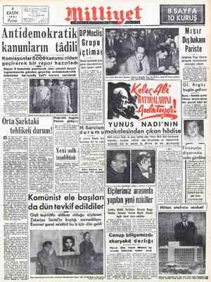  l 4 | KASIM 1951 Telgraf; MİLLİYE" ANBUL - İstanbul YIL:2 — SAYI: 532 Pozar « FEsErer ,di Antidemo kratik kanunların tâdili