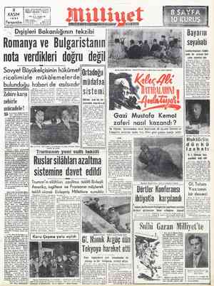  8 KASIM 1951 Adres: Nuzsosmamye Ti-bedar Bokak No: Telgraf; MİLLİYET - İstanhul 8.İSTANBUL YIL: 9 — SAYII 536 Ka | 2...