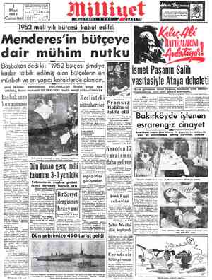  1 Mart 1952 Cumartesi| Posta Kutusu TELEFON FİATI Adres: Nuruosmaniye Türbedar Sokak No. 18 İSTA BUL MİLLİYET - İstanbul...